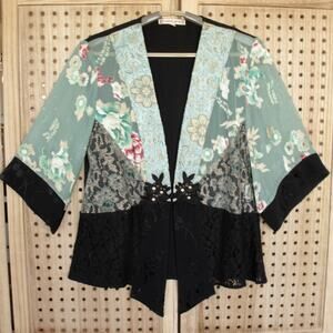 Spencer Alexis Blue Green Silk Cropped Kimono Top Womens SIZE Small